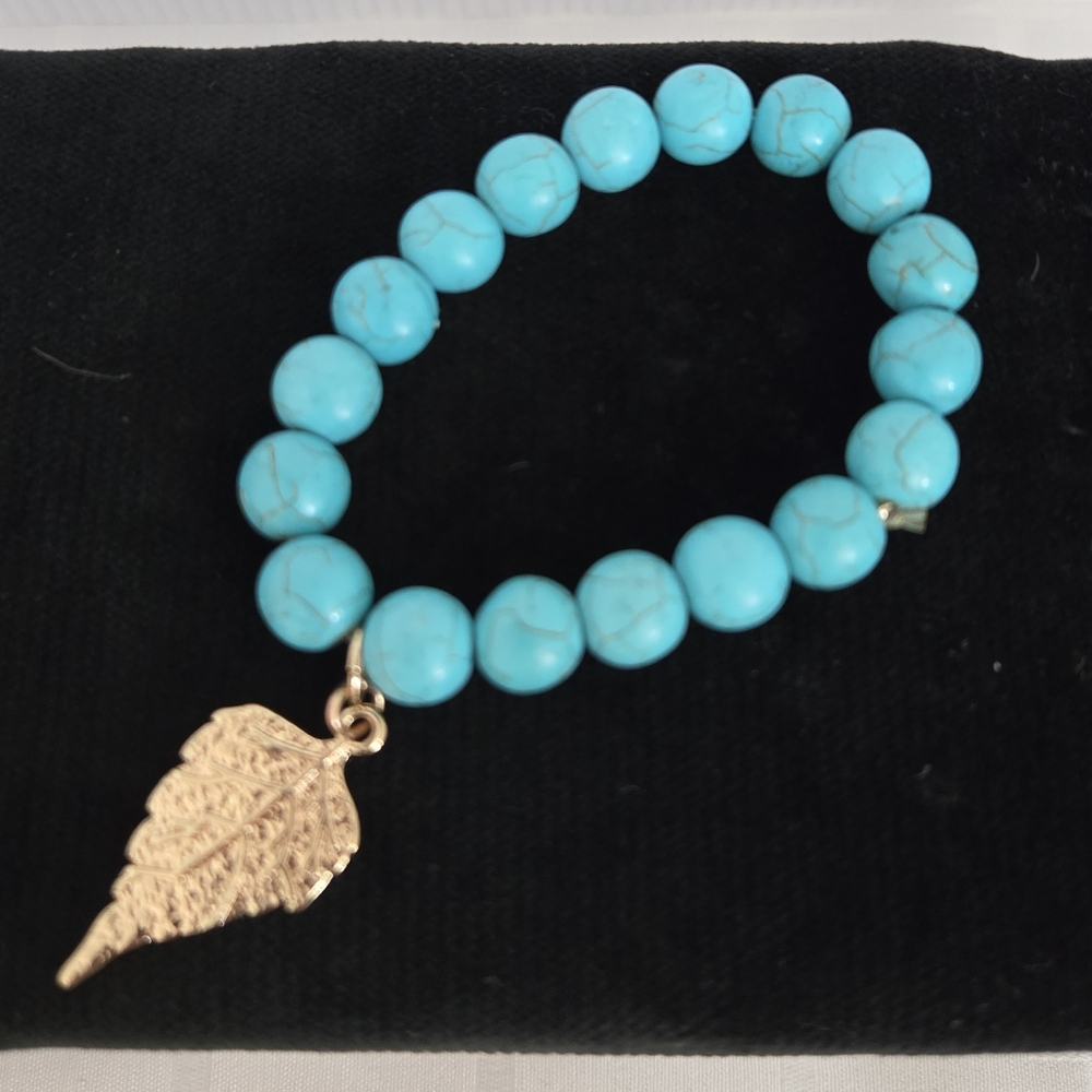 Beaded Turquoise Bracelet with Gold Tone Leaf Charm